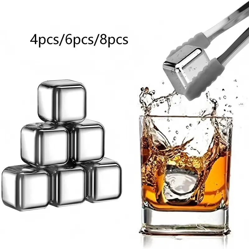 4Pcs/6pcs/8pcs stainless steel ice cubes, quick cooling ice cube mold, reusable quick freezing ice cube tool for whiskey cooling cubes, for cooling drinks, whiskey, beer, parties, holiday weddings, Home Bar Accessories