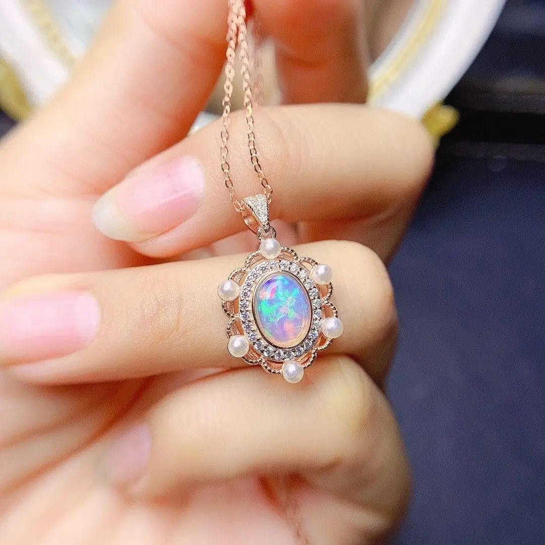 Women's 925 Sterling Silver Fire Opal Pearl Flower Necklace - 45cm/17 inch, 5g/0.18 oz, Cubic Zirconia Birthstone, Dainty Casual Necklace for Adults, 5G/0.18 Ounces