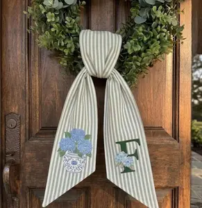 Blue Striped Hydrangea Wreath Sash, Personalized Monogram Door Decor, Blue Hydrangea Bow, Front Door Summer Wreath Accent