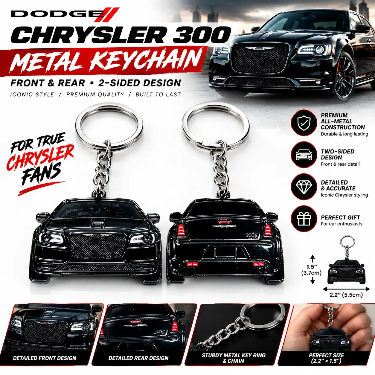 stylish keyring Metal 2-Sided Charger & Chrysler 300 Keychain - 2.2x1.5 in Automotive Car Exterior Decoration Accessory, Unique Gift for Car Enthusiasts, Key Tag, Key Holder, Cool Keychains, Key Rings For Car Keys