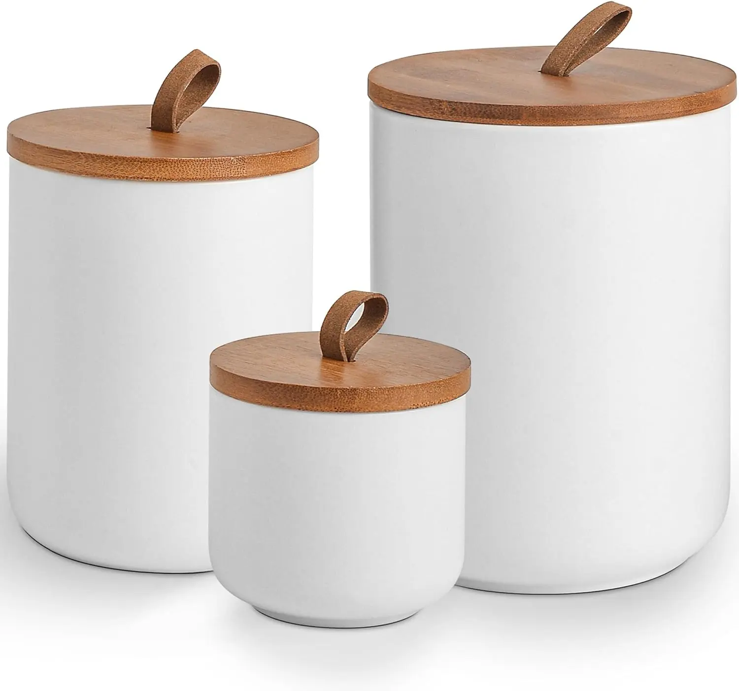 White Ceramic Canister Set with Bamboo Lids, 3-Piece Airtight Food Storage Jars for Kitchen - Flour, Sugar, Coffee, Tea, Spice - Small, Medium, Large Sizes, Multipurpose Food Organizer, Sealable Container