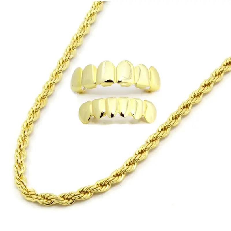 Unisex 14K Gold Plated 6mm 24" Rope Necklace Chain and Hip Hop Mouth Grillz - Combo Set