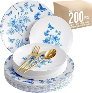 Fancy Plastic Dinnerware Sets 200 count Set 40 Guests  Silverware Disposable 40 X 10 Inch Charger Plates 40 X 8 Inch Dessert Plates 40 x  Plastic Forks and Spoons  In Botanical