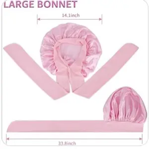 YANIBEST Silk Bonnet for Sleeping Women - Pink Double Layer Satin Lined Hair Bonnet with Tie Band, 14.1 Inch Size, 33.8 Inch Length