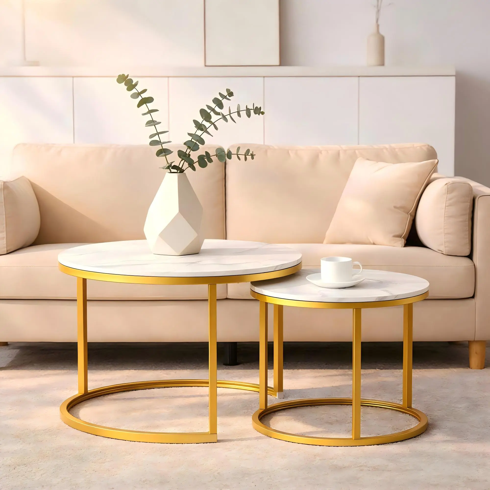 2-Piece Round Nesting Coffee Tables - Romantic Round Design, Sturdy MDF & Metal Construction, Space-Saving Stackable Tables with Adjustable Legs, Quick Setup for Small Living Room, Minimalist Bedroom, Coffee Table,summerwins