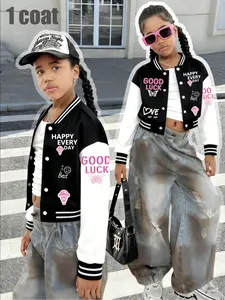 Girls' Baseball Jacket Letter Cartoon Pattern, New Fashion Casual Hoodie for Kids, Long Sleeve Slim-Fitting Fall & Winter Clothes, Casual Comfy Jacket