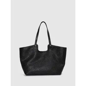 URBAN REVIVO Women's Artificial Leather Striped Pattern Oversize Open-Top Large Capacity Tote Shoulder Bag