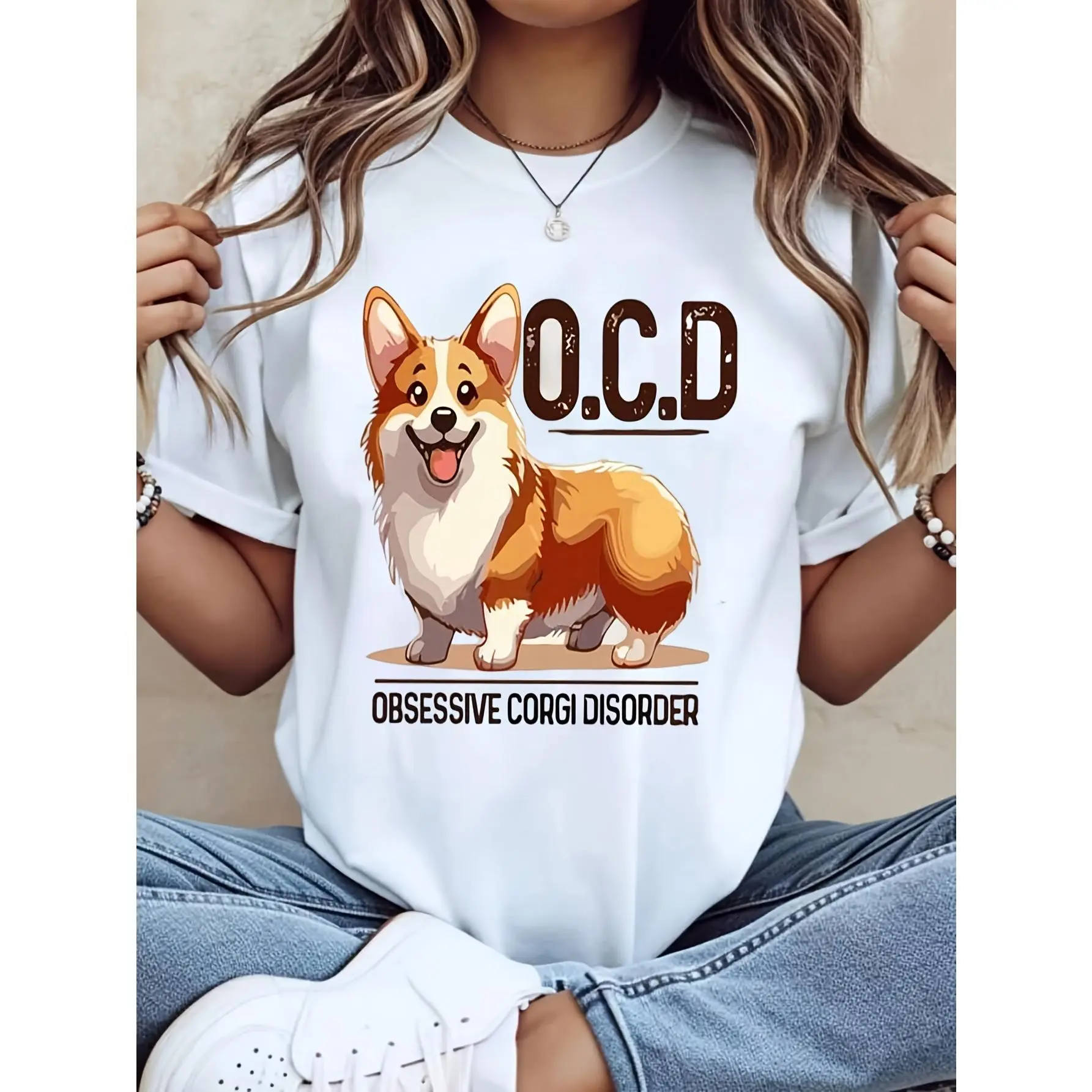 Soft Cotton Women's T-Shirt with 'Obsessive Corgi Disorder' Funny Graphic, Casual Crew Neck Top, Gift for Dog Moms, Tops, Hang Dry, Do Not Bleach, Loose-Fitting, 4Xl, Machine Washable