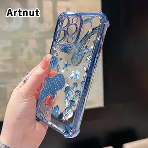 Four Corner Anti-Fall Whale Shark Ocean Pattern Phone Case for iPhone 16 Pro Max 15 Plus 14 13 12 11 E Shockproof Transparent Electroplated Protective Cover