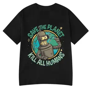 Funny Save The Planet Kill All Humans Robot Graphic Print T Shirt Men's Women Fashion Short Sleeve T-shirt Oversized Cotton Tees