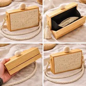Wooden clutch bag with woven raffia panels and adjustable rope strap magnetic closure Ibiza style handmade inspired statement bag natural bamboo wood structure elegant boho chic purse with tassel detail lightweight structured design summer accessory perfe
