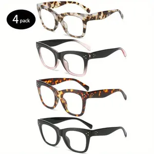4 Pack Oversized Reading Glasses Frame with Strength Women Big Glasses Men Reader Glasses Eyewear Reading Leopard Print +1.0 to +4.0