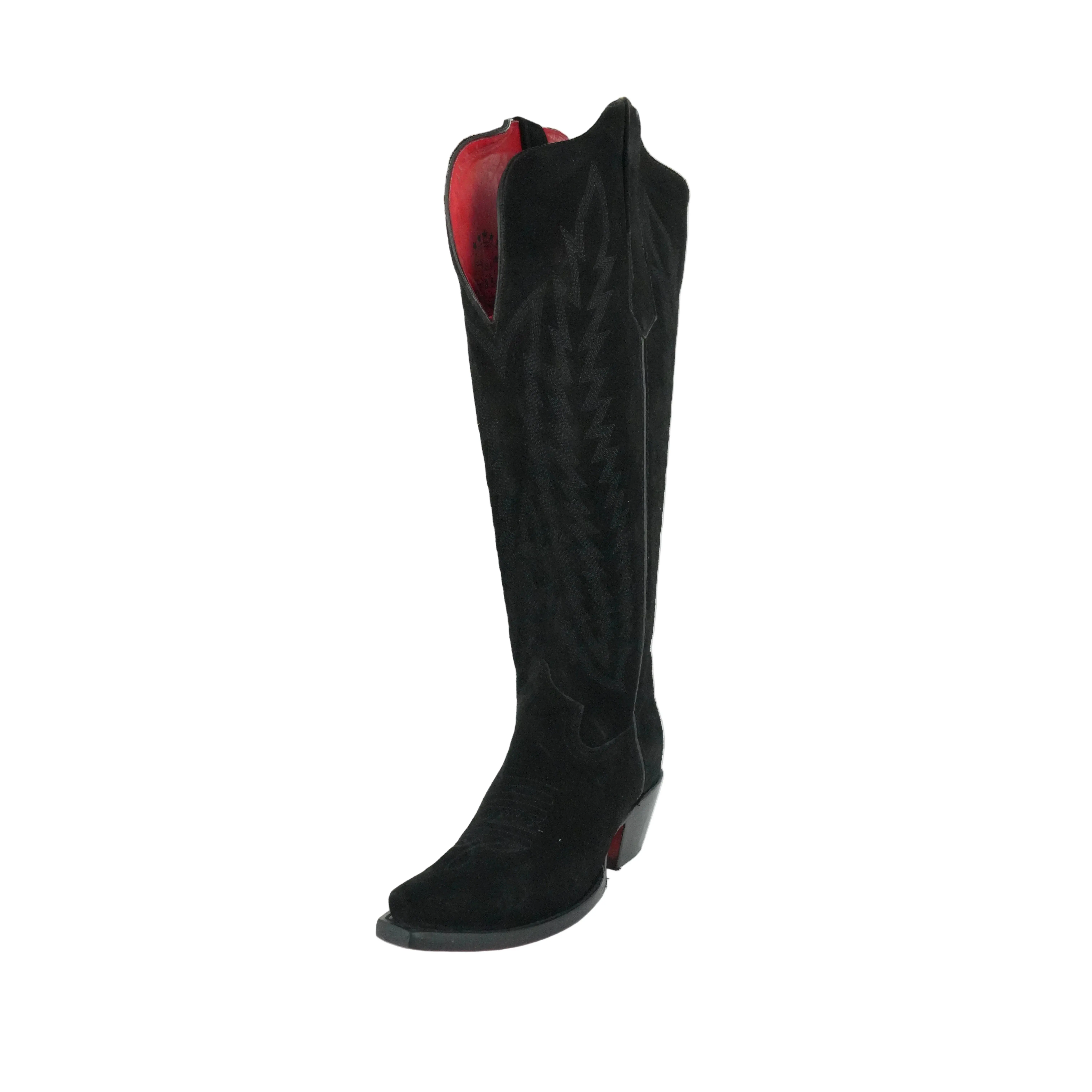 Rock'em Women's Gia Suede Tall Wide Calf Snip Toe Boot - Black Red Bottom
