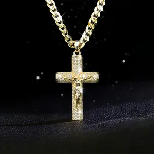 Large Moissanite Cross Pendant Necklace with Gold-Plated Cuban Chain — Light Luxury, Minimalist, Hip-Hop Style Jewelry