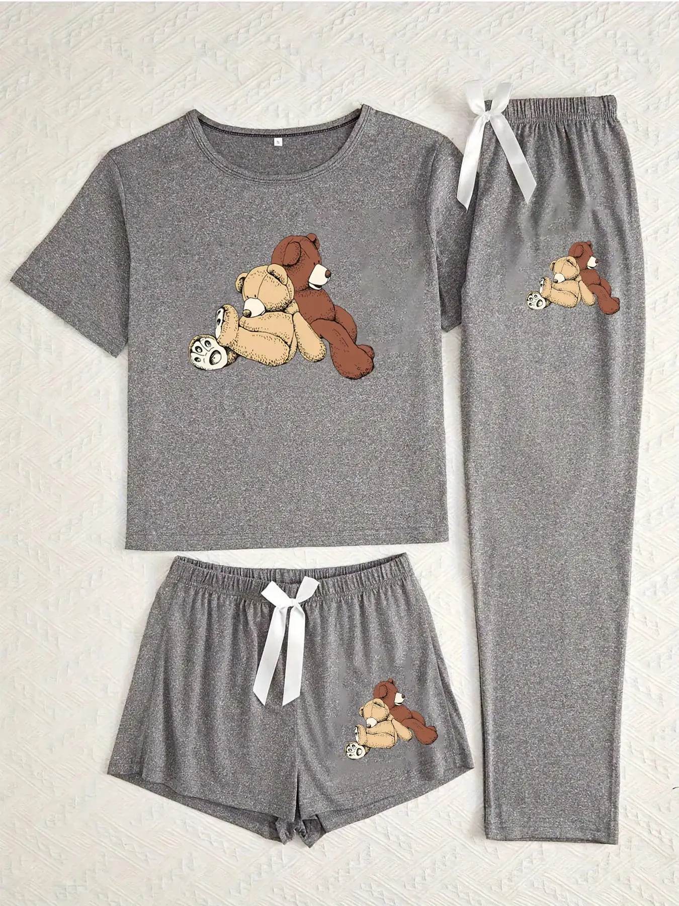 Women's 3-Piece Pajama Set, Matching Outfit, Cute Bear Print Sleepwear, Casual Fitted Nightgown, All-Season Comfortable Loungewear, Pjs, Pajama Bottoms, Cute Pajama Sets