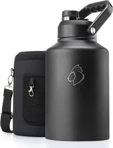 1 Gallon Water Bottle Insulated, (Cold for 48 Hrs) 3.58in Big Wide Mouth Leak Proof, 128oz Large Water Jug Stainless Steel Metal Flask with Handle for Camping,Outdoor Work,Travel,Hiking, Black