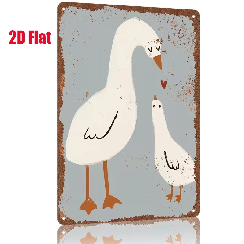 Vintage Distressed Retro 2D Flat Rectangular Metal Tin Sign, Casual Decorative Parent-Baby White Goose with Red Heart Muted Gray Grunge Wall Plaque, Rustic Farm Wall Art for Nursery Lake House