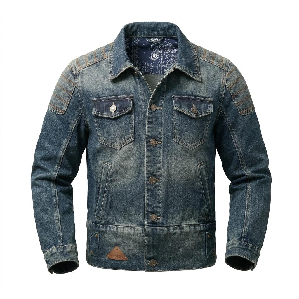 Men's Vintage Washed Denim Jacket, Retro Distressed Biker Jean Jacket with Paisley Lining, Classic Trucker Jacket with Shoulder Stitching, Casual Button-Down Motorcycle Denim Coat for Men, Fashion Streetwear Denim Jacket for Daily Wear, Riding, Outdoor