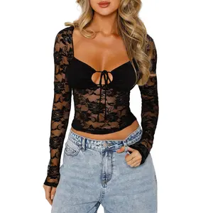Women's Summer Fitted Crop Tops Black Long Sleeve Tie Up Sheer Lace Floral T-shirt
