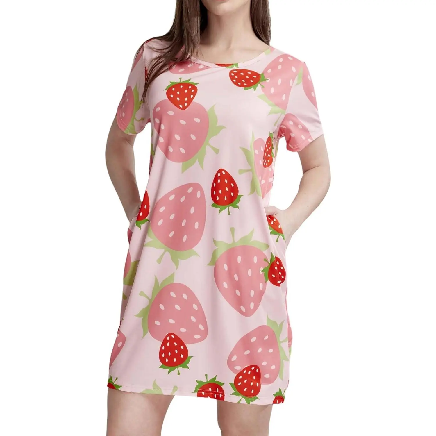 Women's Casual Printed Nightgown, Soft Short Sleeve Sleepshirt and Loungewear Nightwear with Pockets, Shortsleeve, Round Neck, Printed Pattern, Beige Stars, Soft Fabric