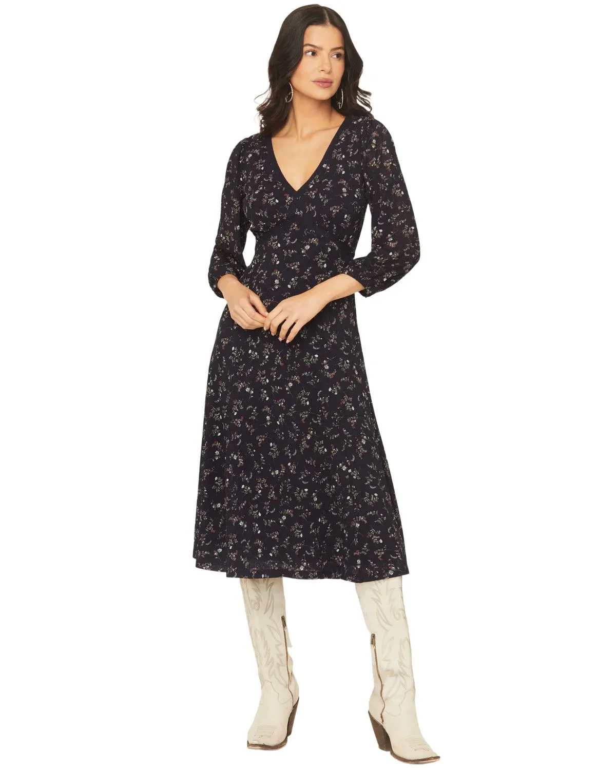 Idyllwind Women's Women'S Partner Ditsy Floral Print Long Sleeve Midi Dress - Iwfa25d95-Ind