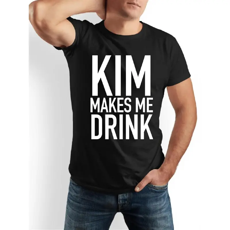 Men's Short-Sleeve Round Neck Streetwear T-Shirt - Funny "KIM MAKES ME DRINK" Slogan Menswear, Korean Culture Humor Gift for Dad, Slight Stretch Fabric, Relaxed Fit Casual Crew Neck Tee, All-Season (Black)
