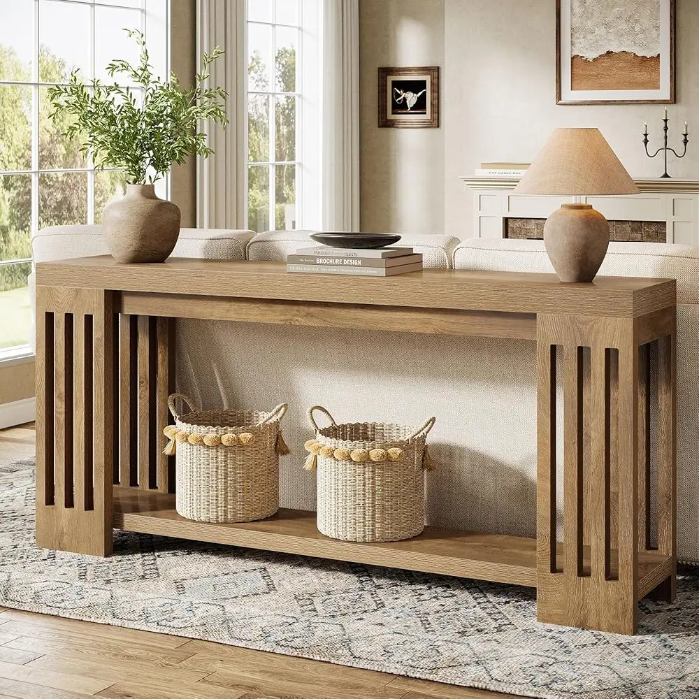 Tribesigns 70.9-Inch Farmhouse Console Table for Living Room, Hallway, Entrance - Vertical Stripe Legs, 2-Tier Design, Light Brown