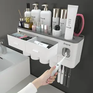 I Have Toothbrush Holders for Bathrooms, 4 Cups Toothbrush Holder Wall Mounted with Toothpaste Dispenser - Large Capacity Tray, 2 Cosmetic Drawer - Bathroom Organizer & Bathroom Accessories Set