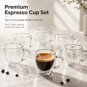6-Piece Double Wall Glass Espresso Cup Set, 80ml/2.8oz Heat Resistant Insulated Small Clear Glass Coffee Mugs with Handles