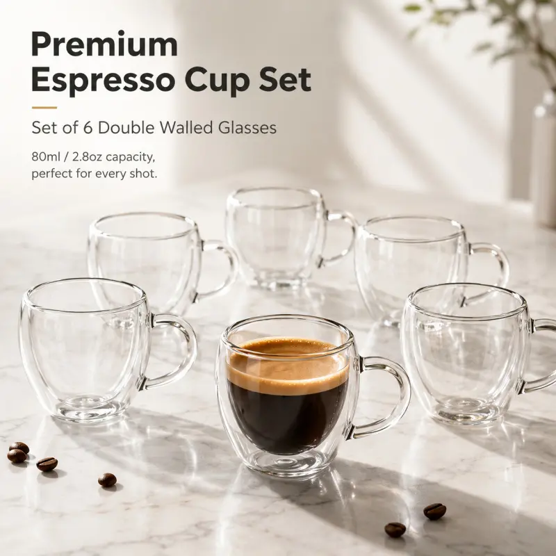 6-Piece Set Double-Wall Glass Espresso Cups, 80ML Heat-Resistant Coffee Mugs with Handles, Transparent Cup Set for Home, Kitchen, Office