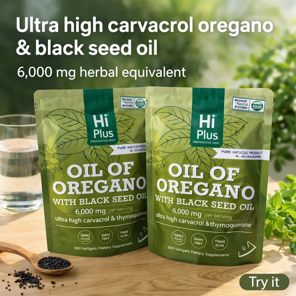 HiPlus 2-Pack Natural Healthcare Softgels, 6000mg Oregano & Black Seed Oil Capsules for Supplements, Non-GMO Immune & Allergy Support Antioxidants, Magnesium Supplement for Youth, 300 per Bag Resealable Pouch