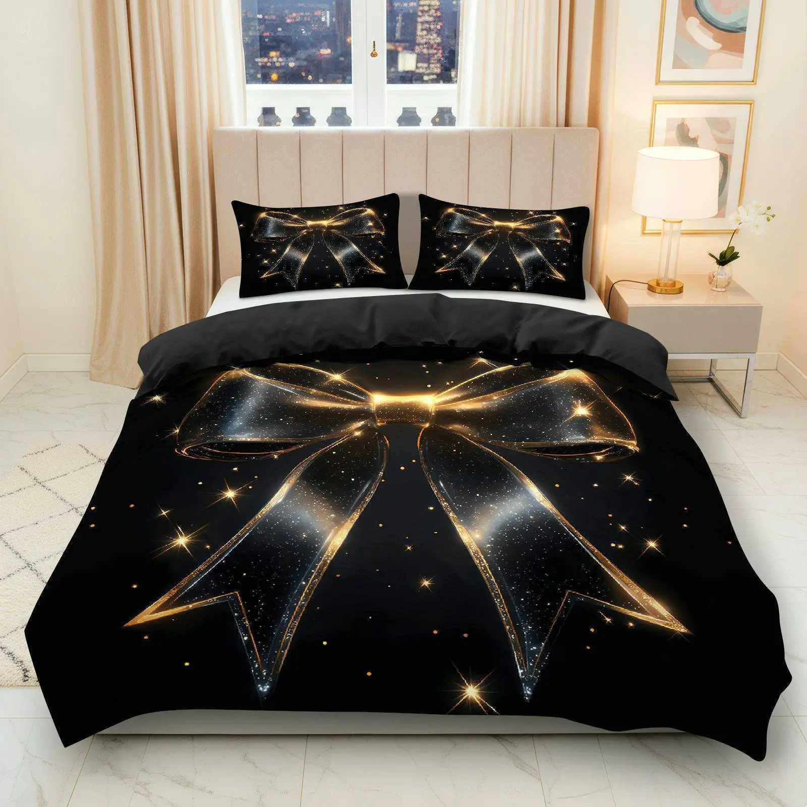 3PCS Duvet Cover Set, 1 Duvet+2 Pillowcases(Without filler), Black Gold Bow Star Luxury Glitter theme, Christmas bedding set, Elegant Stylish Modern Glamorous Suitable for decoration Bedroom Hotel Apartment Guest Room.
