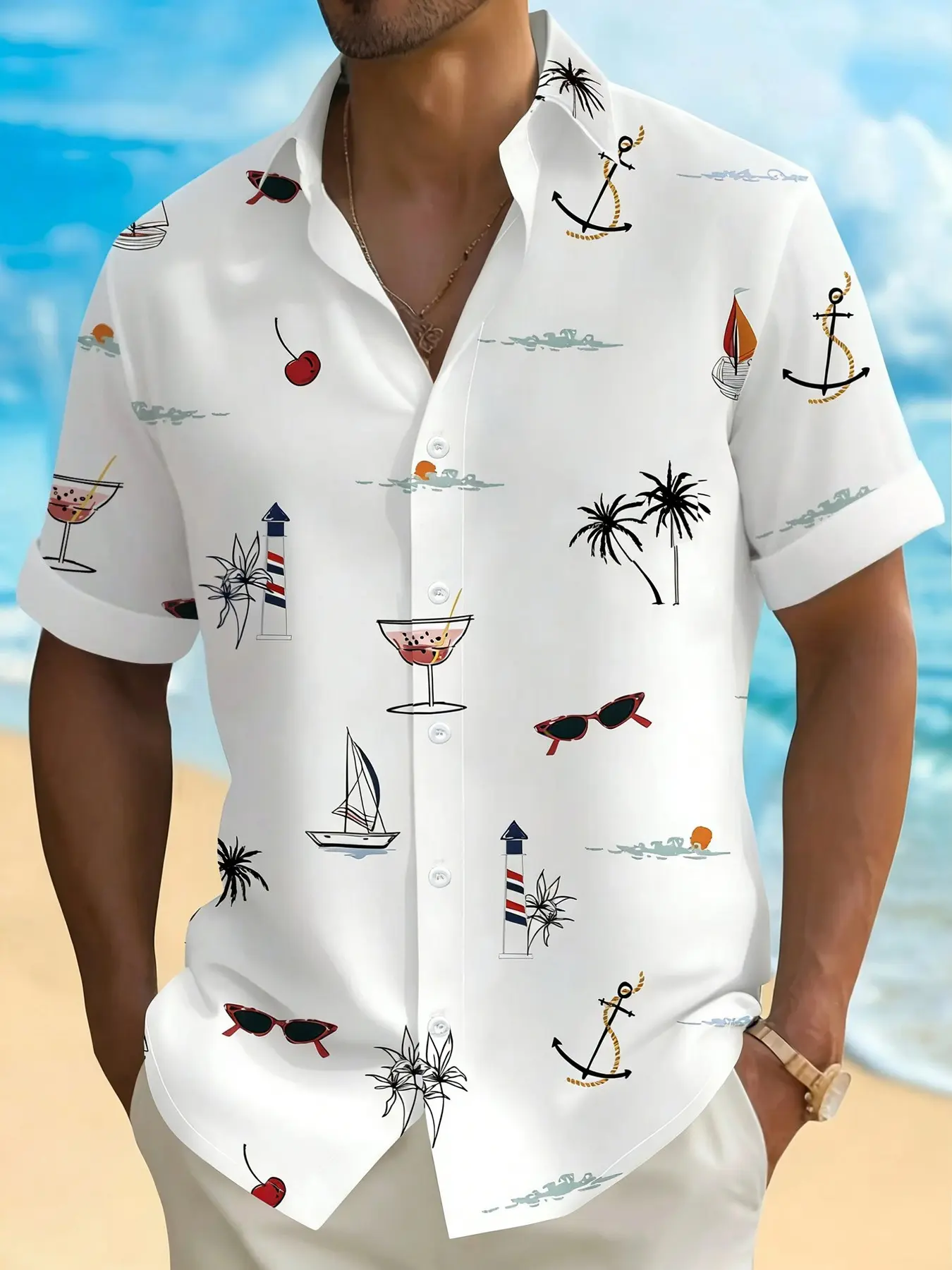 1-Piece Unisex Retro Vintage Summer Beach Shirt, White Holiday Tropical Sailboat Palm Print Short Sleeve Button Up Top for Men Women Daily Outings and Vacation Wear, Casual Beach Shirts