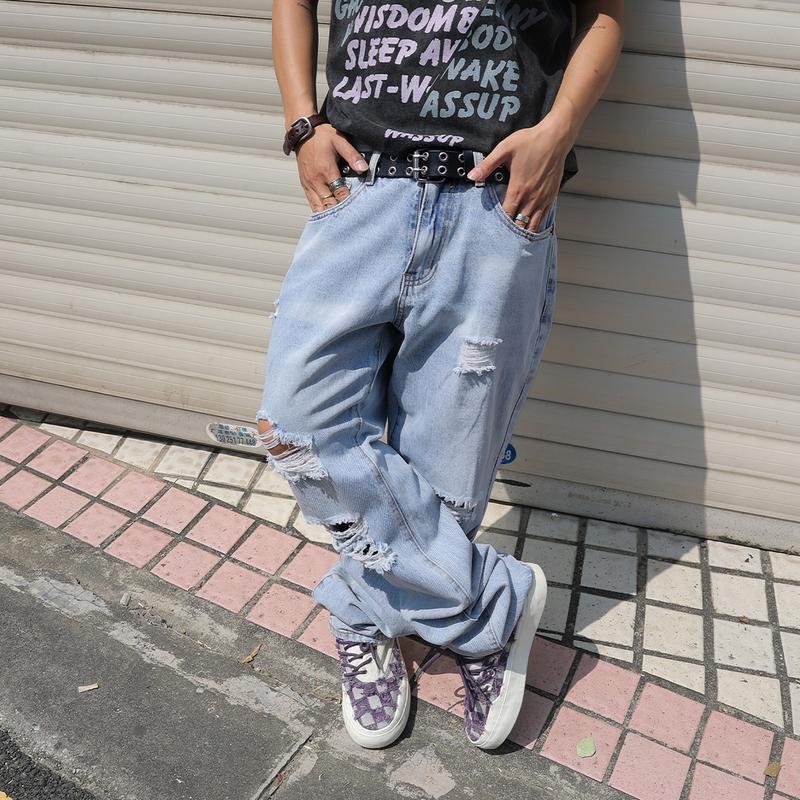 MZNBURAM Men's Ripped Non-Stretch Relaxed Fit Straight-Leg Denim Pants Jeans-Menswear Streetwear Trouser MZNBURAM Men's Ripped Non-Stretch Relaxed Fit Straight-Leg Denim Pants Jeans-Menswear Streetwear Trouser