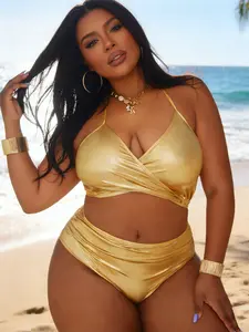 Women's Plus Size Bikini Set, Halter Bikini Set, Sexy Tie Front Design, Perfect for Beach, Pool, and Sea, New Arrival Swimwear, High Waisted Swimsuits