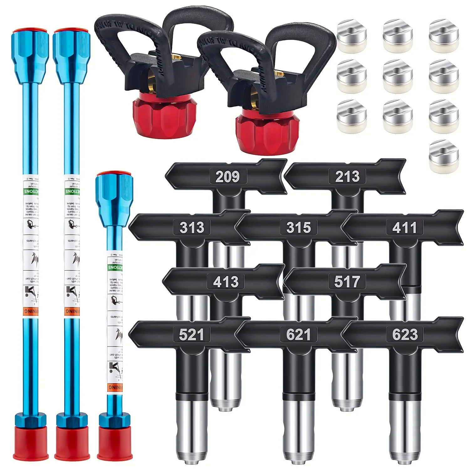 15-Piece Airless Spray Gun Kit, 10 Reversible Tips & Seats, 3 Extension Poles, 2 Knob-Style Tip Guards, Essential Spare Parts, Spray Nozzle Tips