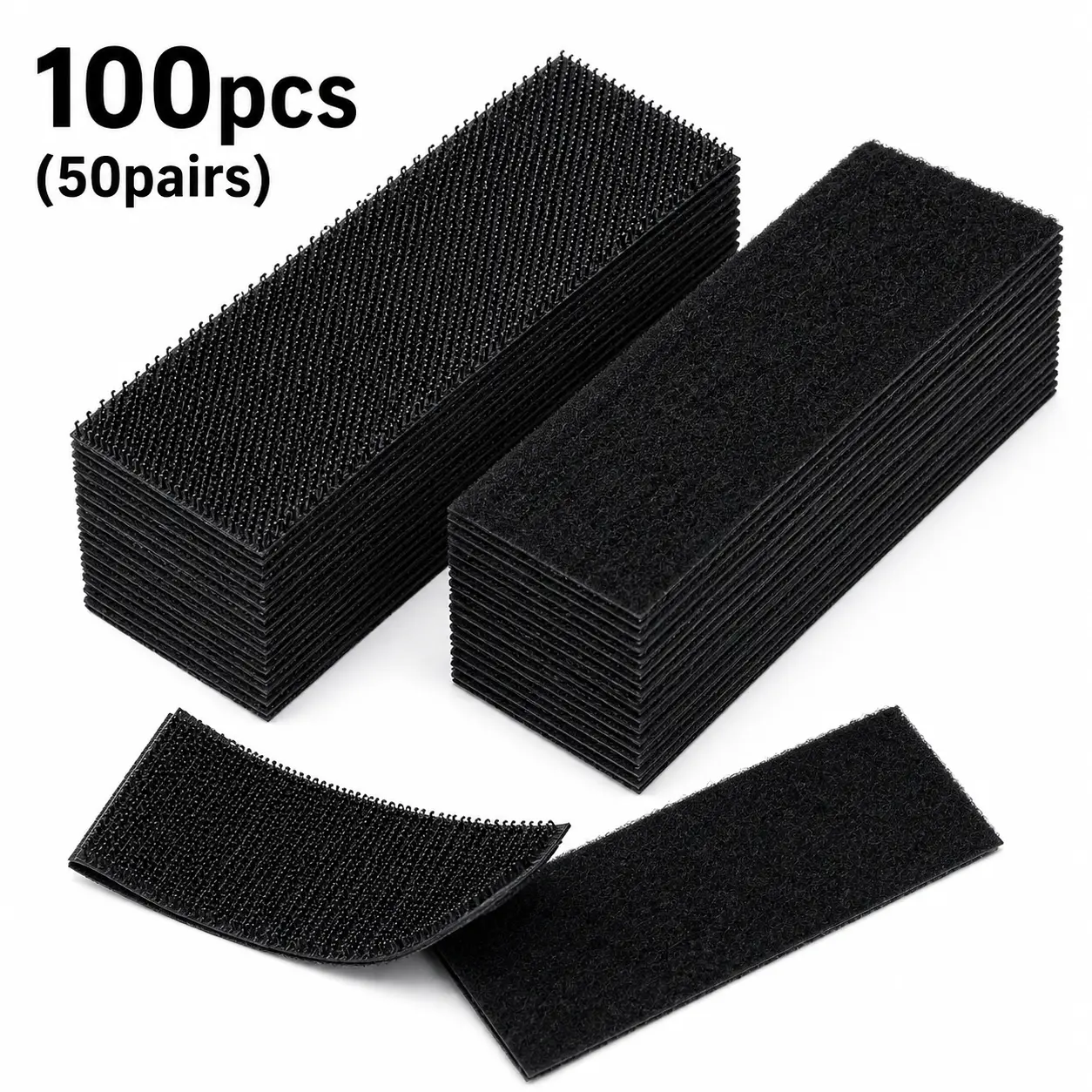 100PCS (50 Pairs) Heavy Duty Hook and Loop Strips, 2 x 4 Inch Self-Adhesive Mounting Fasteners for Picture Frames, Cable Management, Car Mats, DIY, Home & Office, Black