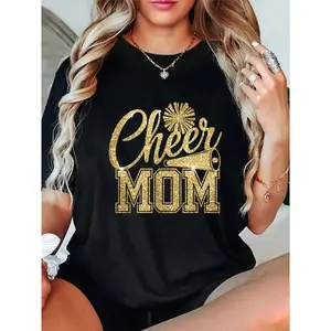 100% Cotton Cheer Mom Biggest Fan Cheerleader Black Yellow Gold Pom Pom T-Shirt