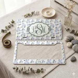 Personalized Floral License Plate Frame, Custom Hydrangea Car Tag with Monogram, Elegant Blue Flower Design