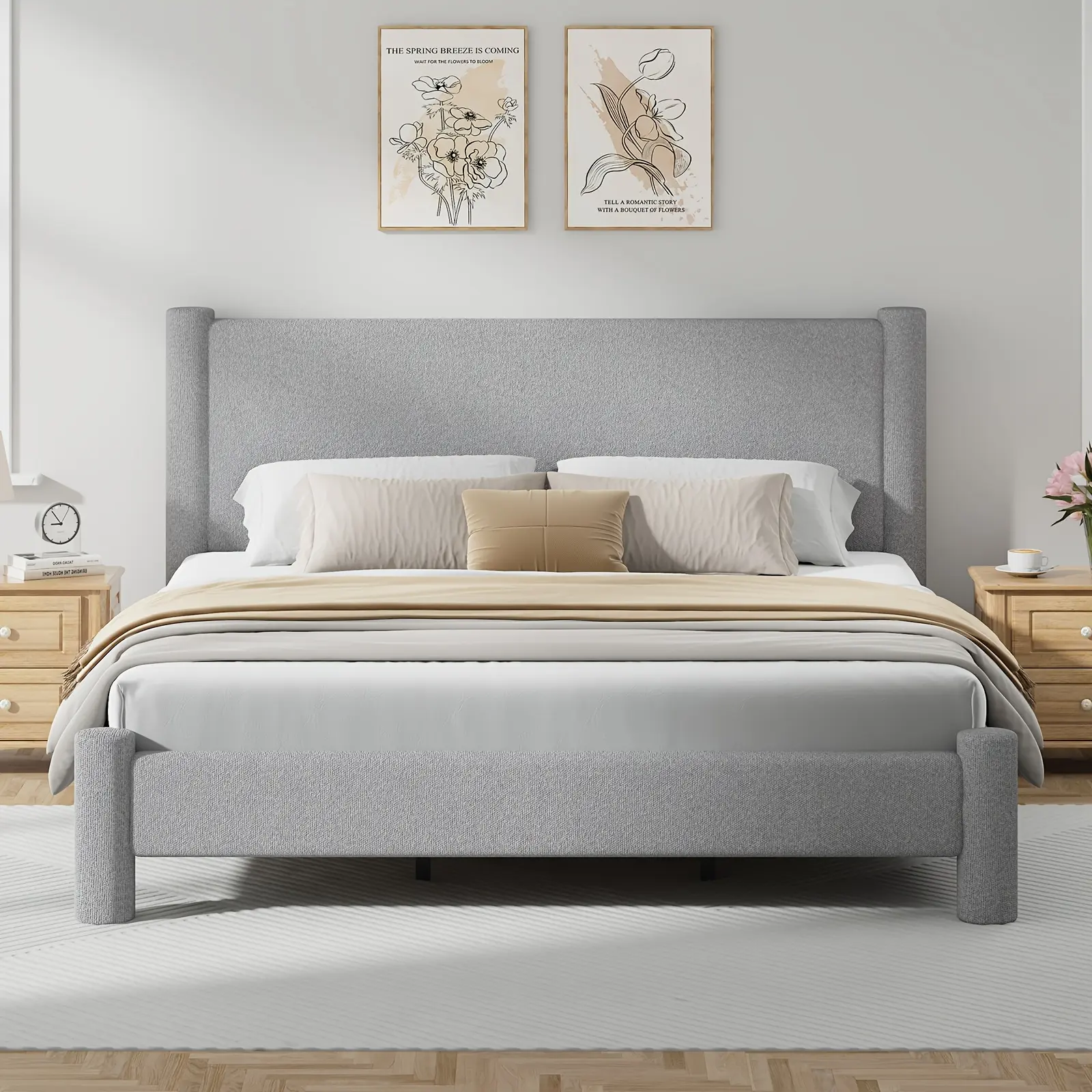 [DealsForYouDays][Summerwins] HOMBCK Soft Boucle Upholstered Bed Frame with Headboard, Twin Full Queen Size Platform Bed, Rounded Corner Design, No Box Spring Needed, Quick Assembly, Cream/Grey/Dark Grey/White summer garden,fathers day gift ideas