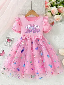 Girls' Mesh Dress, Birthday Gift, Princess Style, Round Neck Short Sleeve, Casual Wear, Party, Summer Activity, Comfortable Fit