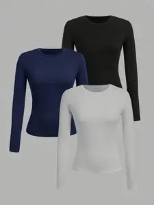 Women's Casual Slim-Fit Long Sleeve Round Neck Tops, 3-Pack Plain Solid Color Shirts for Fall & Winter, Versatile Daily Wear