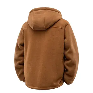 Men's Fleece Lined Hooded Jacket Thickened Warm Coat Outdoor Casual Fuzzy Pullover with Zipper Pockets Beige Long Sleeve Caramel Color Menswear
