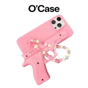 O'Case Y2K Cute iPhone Case with Beaded Charm, 3D Pink Toy Gun Funny Cute Edgy Girl Prank Creative Gift, Trigger Pulling with Real Sound Anti-Drop Anti-Yellow Protective Hard Case for iPhone 17 16 15 14 Pro Promax, Gift for Friends, Girls, Teens Birthday