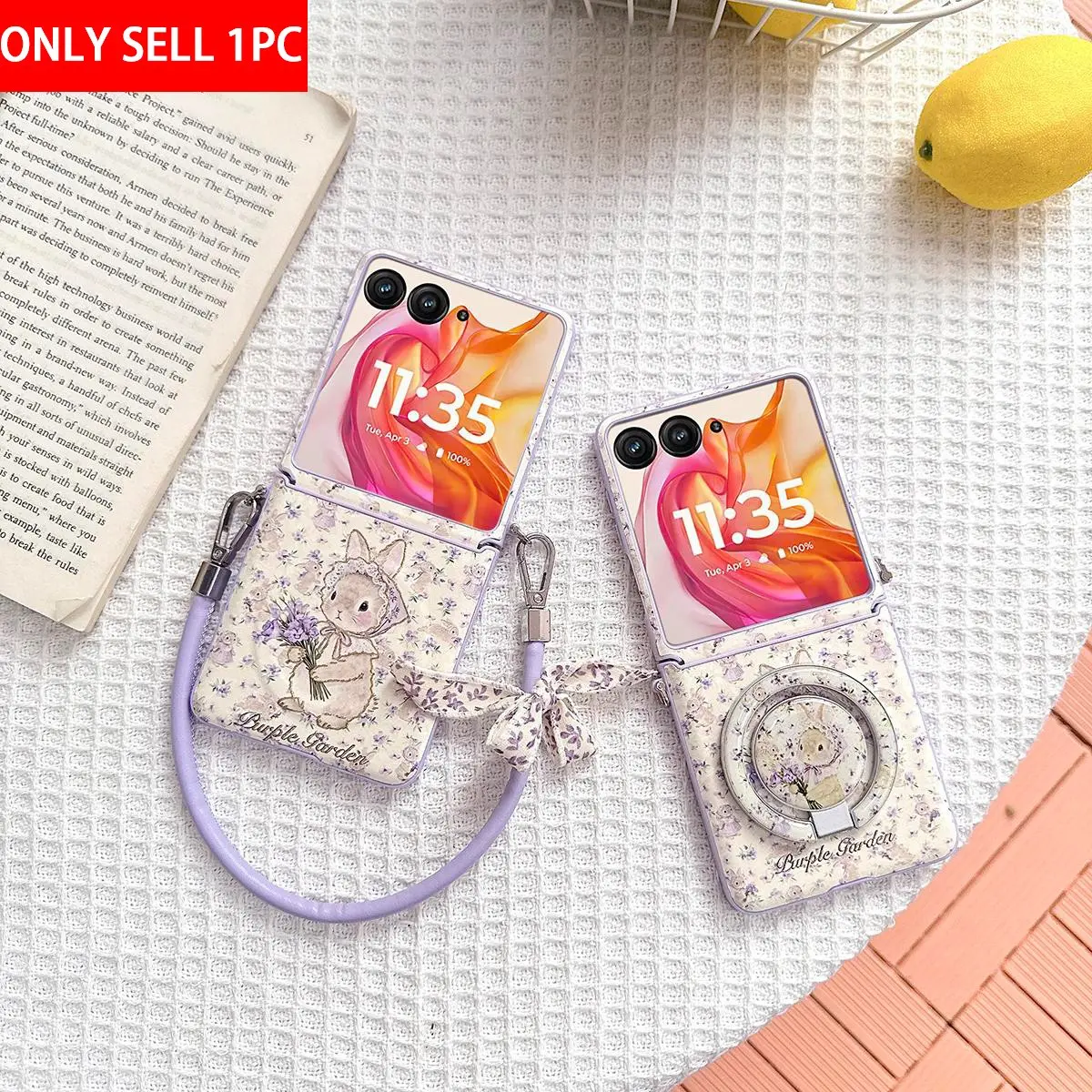PU leather floral rabbit pattern magnetic Protective phone case Casing, Phone Accessories, compatible with wireless charging, hard PC back plate for phone protection, suitable for Motorola Razr 2024, Razr 70 Ultra
