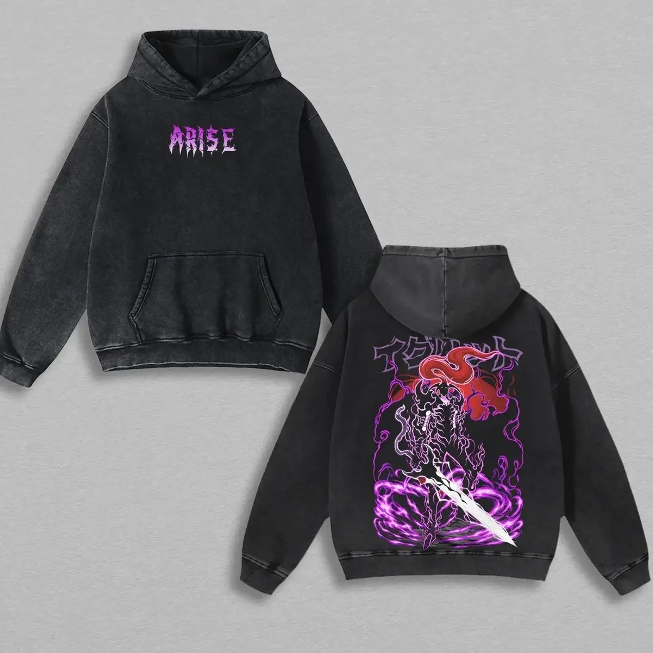 Igris Monarchs Army - Solo Leveling Retro Vintage Manga Acid Washed Lightweight Cotton Hoodie, Anime Merch, Gift For Anime Fan, Anime Lover 2HG