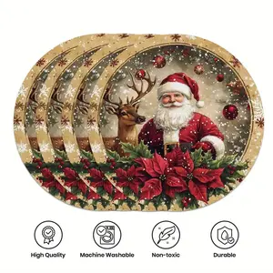 Christmas Themed Round Placemats Set of 4, Festive Knit Fabric Polyester Table Mats with Santa Reindeer Poinsettia, Non-Slip Hand Wash 15"
