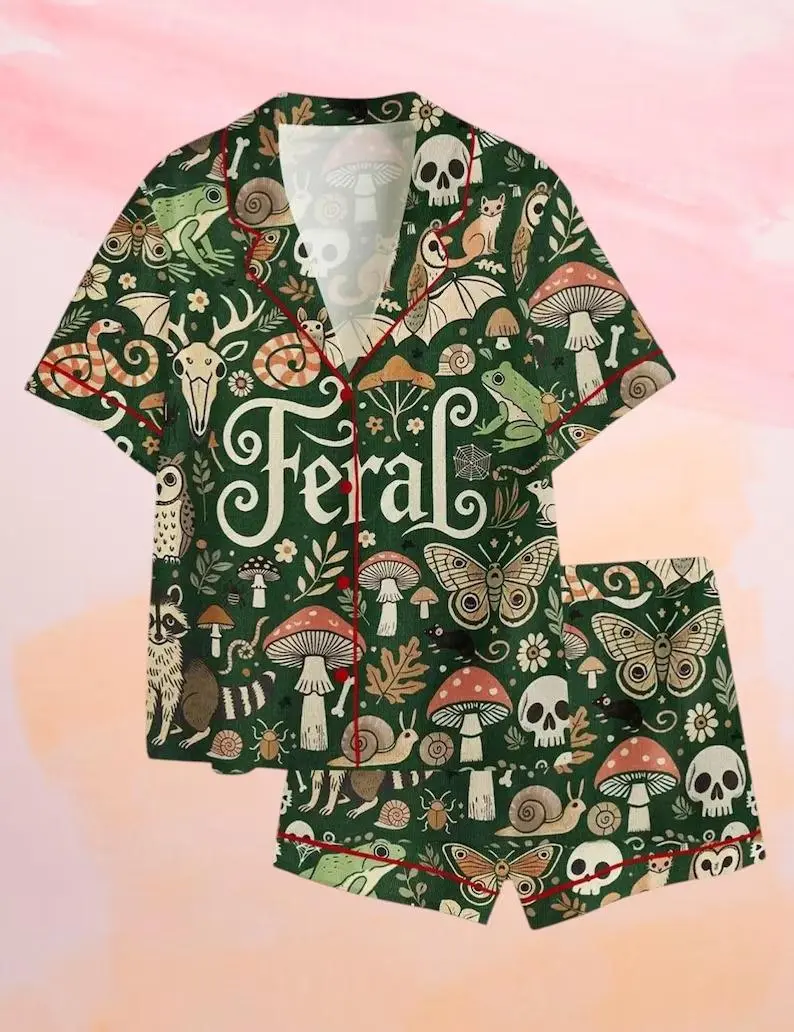 Feral Goblincore Pajama Set Women Loose Comfy Dark Mushroom Skull Moth Snail Frog Forest Print Short Sleeve Button Shirt Shorts PJ Set Gift forr Women and Daughter