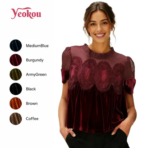 Yeokou Women's Velvet Blouse with Lace Detail, Short Sleeve Ruffle Crewneck Top, Vintage Elegant Casual Shirt,sohochic