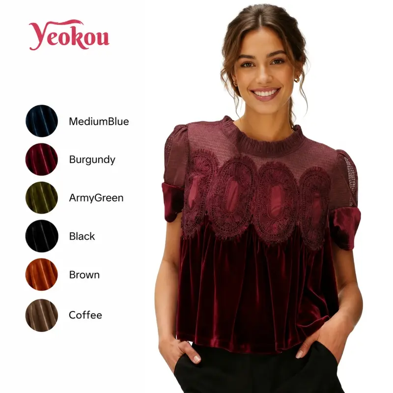Yeokou Women's Velvet Blouse with Lace Detail, Short Sleeve Ruffle Crewneck Top, Vintage Elegant Casual Shirt,sohochic